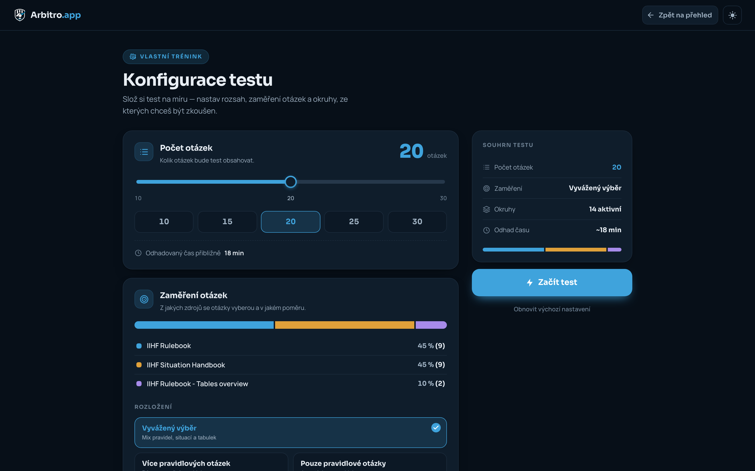 Konfigurace testu s možností výběru pravidel
