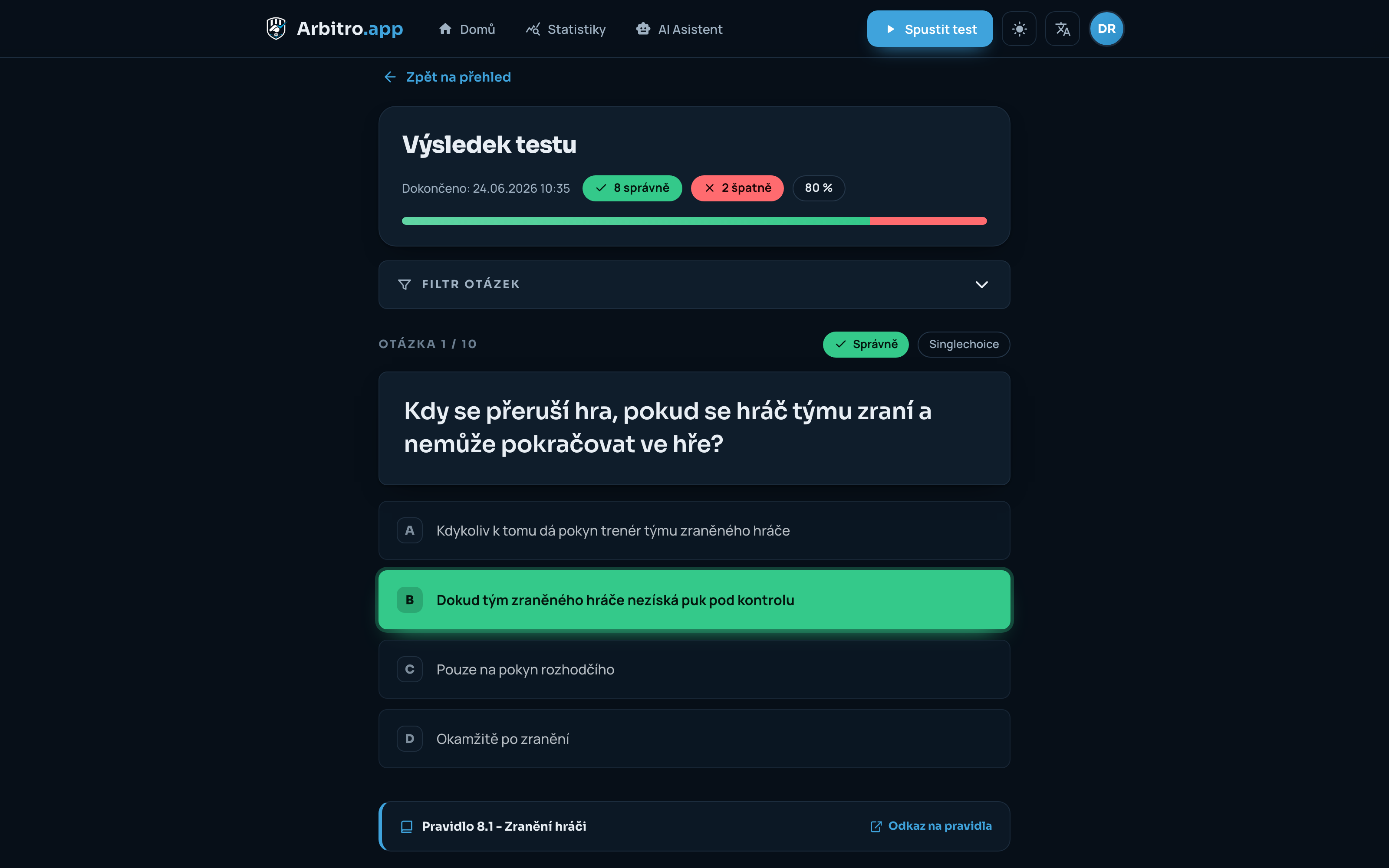 Výsledek testu s přehledem odpovědí